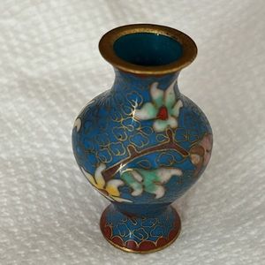 Vintage Blue Cloisonné Miniature Brass Painted  Enamel Floral Vase
